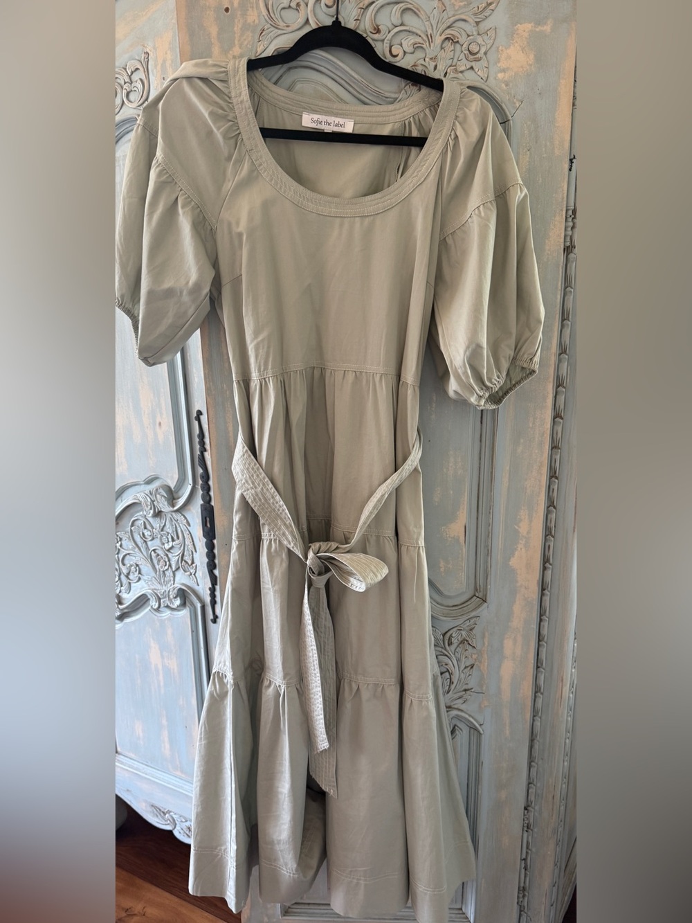 Sofie the Label Tiered Midi Dress. Puff Sleeves, pockets. Sage. Medium.